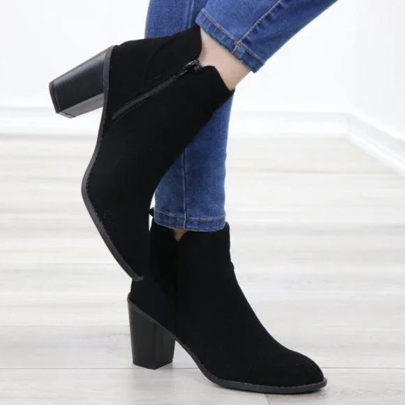 Black Perforated Design Ankle Heeled Boots - Picture 8 of 15